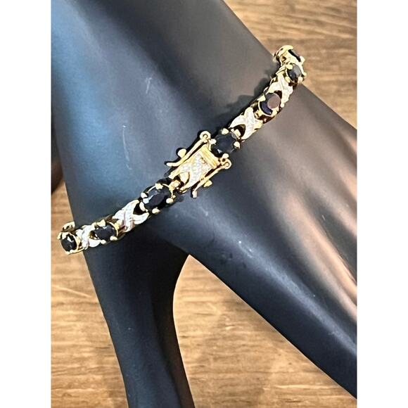 Sterling Silver 925 PAJ China Bracelet Gold Vermeil Black Stone Tennis Link 7.5” - Picture 4 of 9